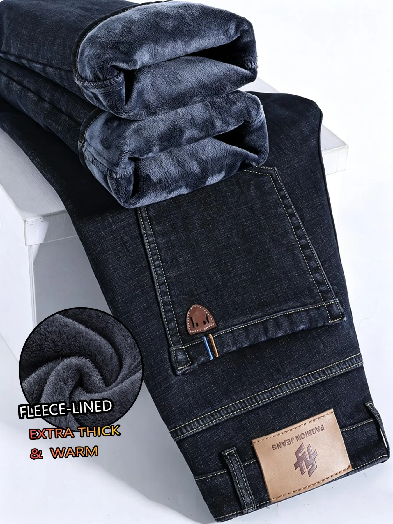 Men's Fleece Lined Thick Streetwear Denim Jeans, Slim Fit Straight Leg Long Pants, New Cotton Elastic Style, Fall & Winter Warm Clothing