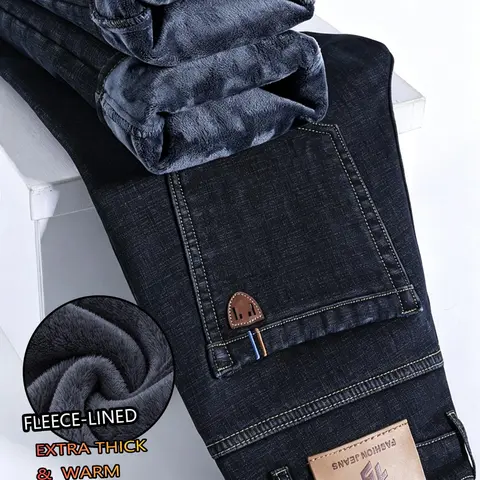 Men's Fleece Lined Thick Streetwear Denim Jeans, Slim Fit Straight Leg Long Pants, New Cotton Elastic Style, Fall & Winter Warm Clothing