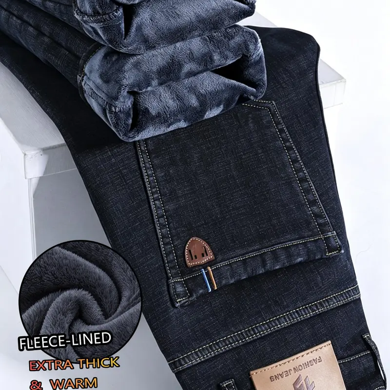 Men's Fleece Lined Thick Streetwear Denim Jeans, Slim Fit Straight Leg Long Pants, New Cotton Elastic Style, Fall & Winter Warm Clothing