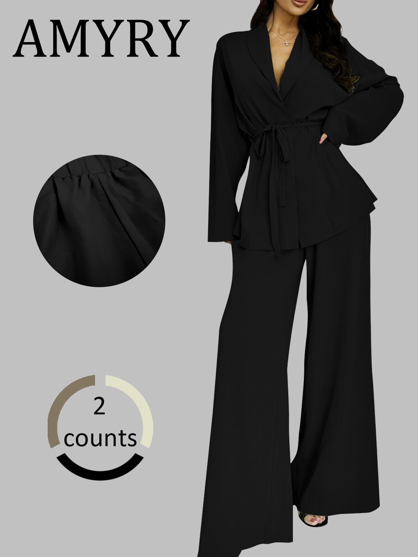 Two-piece Set Women's Solid Color Long Sleeve Open Front Blazer & Wide Leg Pants Set, Casual Elegant Fitted Two-piece Outfits for Work Office Business, Ladies Spring & Fall Clothes, Chic Womenswear, Minimalist Suits