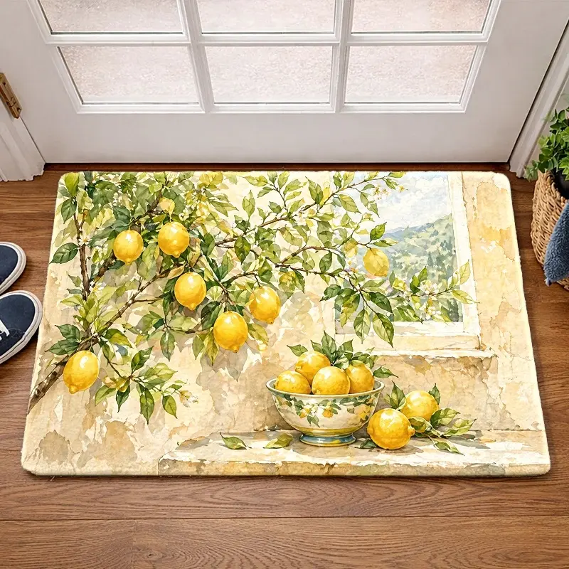 Flannel Floor Mat, Fresh Lemon Pattern Floor Mat, Durable, Stain-Resistant, Machine Washable, Universal Indoor Floor Mat, Door Mat, Kitchen, Balcony, Corridor, Entrance Carpet, Office, Bedside, Bathroom Door Mat