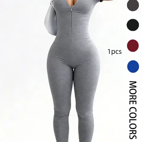 Pure Color Tight Fit Invisible Zipper Fashion Sexy Short Sleeve Long Pants Women Jumpsuit, Casual All-Season Solid Pattern