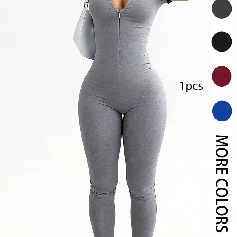 Pure Color Tight Fit Invisible Zipper Fashion Sexy Short Sleeve Long Pants Women Jumpsuit, Casual All-Season Solid Pattern