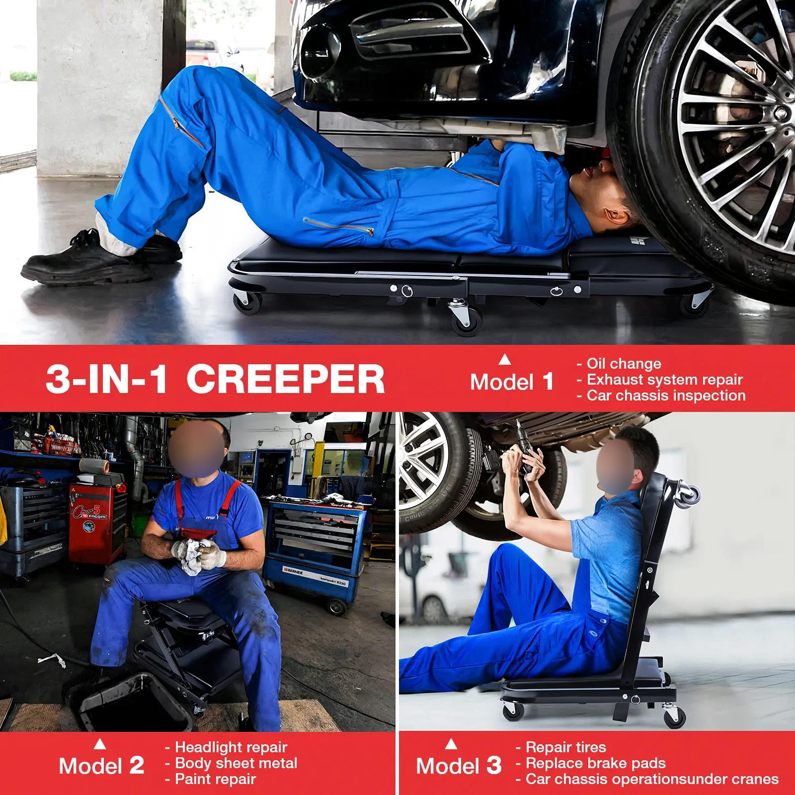 Z-Style Folding Mechanic Creeper |   3-in-1 Multifunctional 300LBS Capacity |   6 Wheels Tool Tray Padded Seat Steel Frame |   Garage/Shop/Home Use # Valentine's Gift # CarRepairTool # GarageEssential