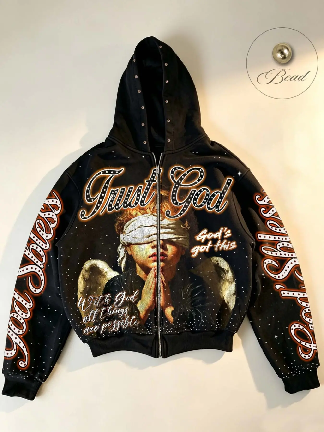 Men's zip-up hoodie, unisex, zip-up hooded jacket with "GOD'S BLESS" text print and retro angel Cupid praying graphic, rivet decorated cardigan jacket, Y2K streetwear brand zip hoodie