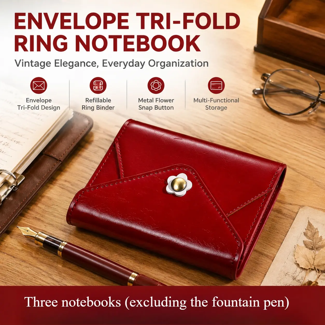 Tri-fold envelope-style loose-leaf notebook—portable, detachable, and featuring blank pages; suitable for journaling or vintage-style office use.