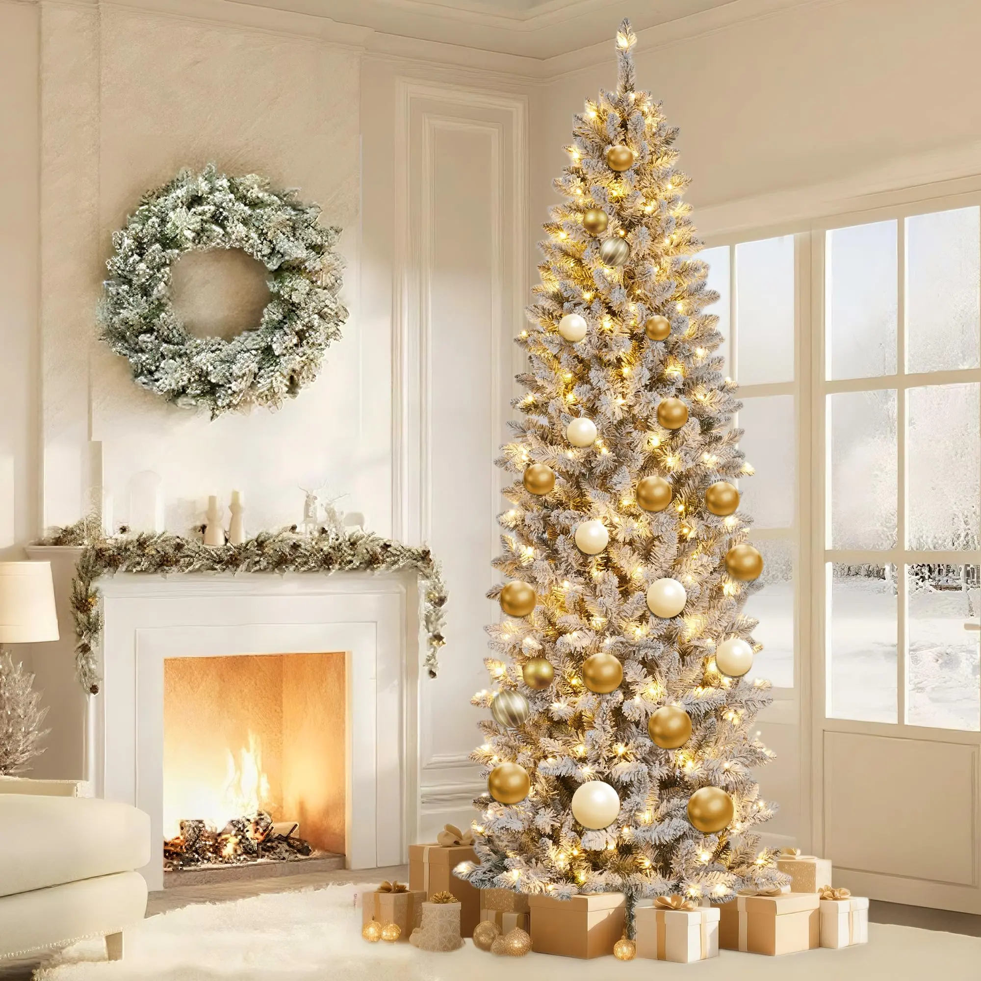 Slim Pre-Lit Flocked Magical Pencil Artificial Christmas Tree, Snow Covered, Warm White LED Lights, 6ft/7.5ft/9ft/12ft, Easy Assembly with Hinged Branches, Festive Decor for Apartment, Small Space
