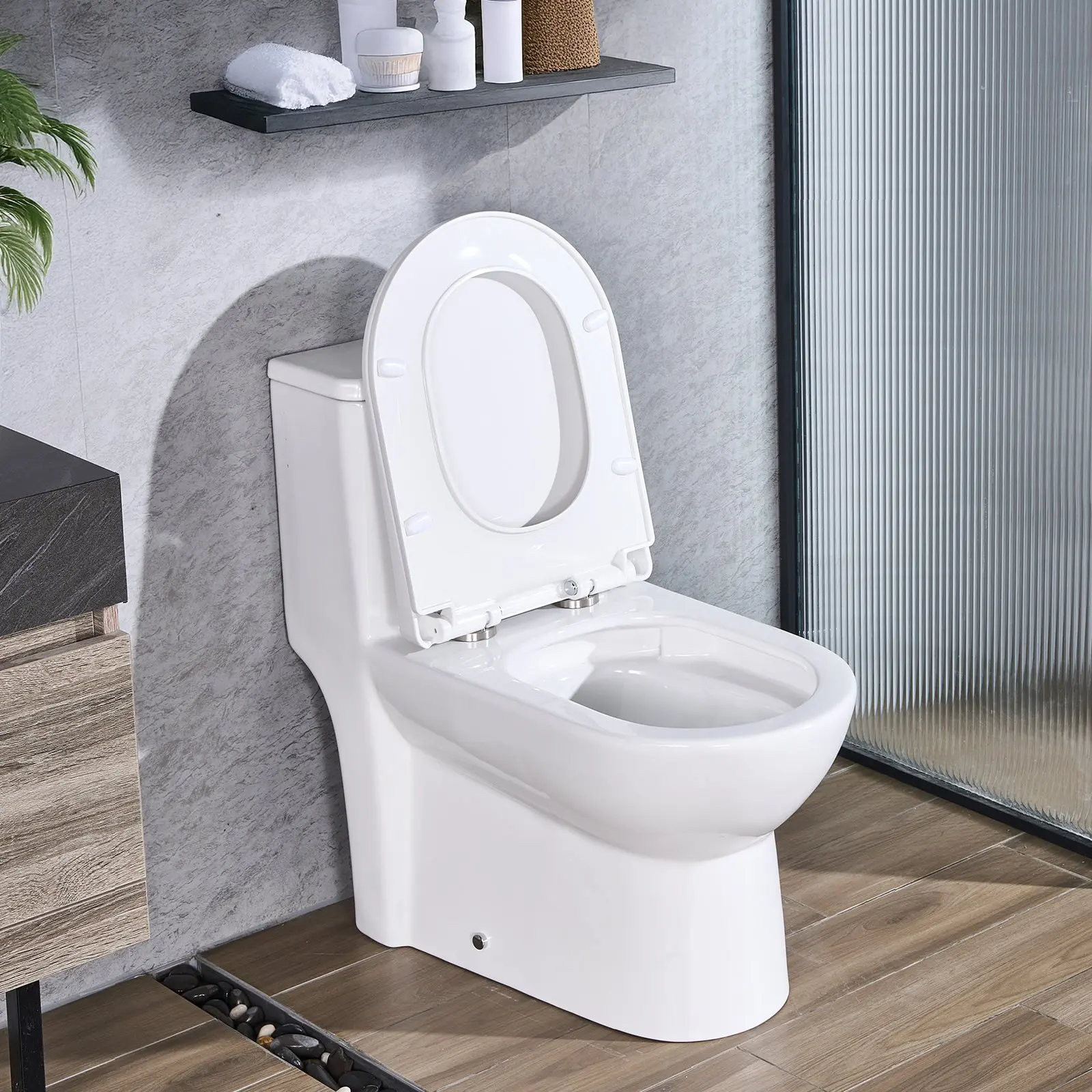 VEVOR One-Piece Toilet, Elongated Toilet Vortex Dual-Flush 1.1/1.6 GPF, Toilets for Bathroom with Comfortable Chair Seat, Standard Height, Easy-Clean Skirted Design, 12 inch Rough-In, White+ Silver