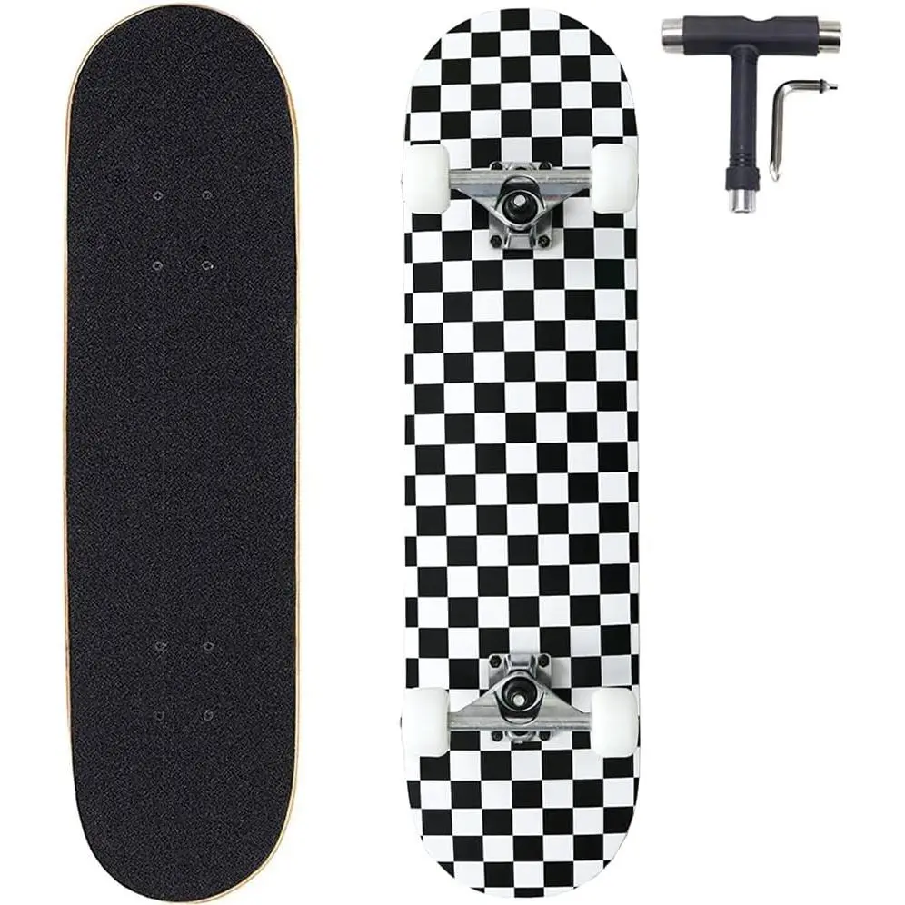 31x8 Inch Pro Complete Skateboard, 7 Layer Canadian Maple Wood Double Kick Concave Skate Boards, Tricks Skateboards for Youths, Beginners, Girls, Boys, Kids, Teens, Adults (Black, White)