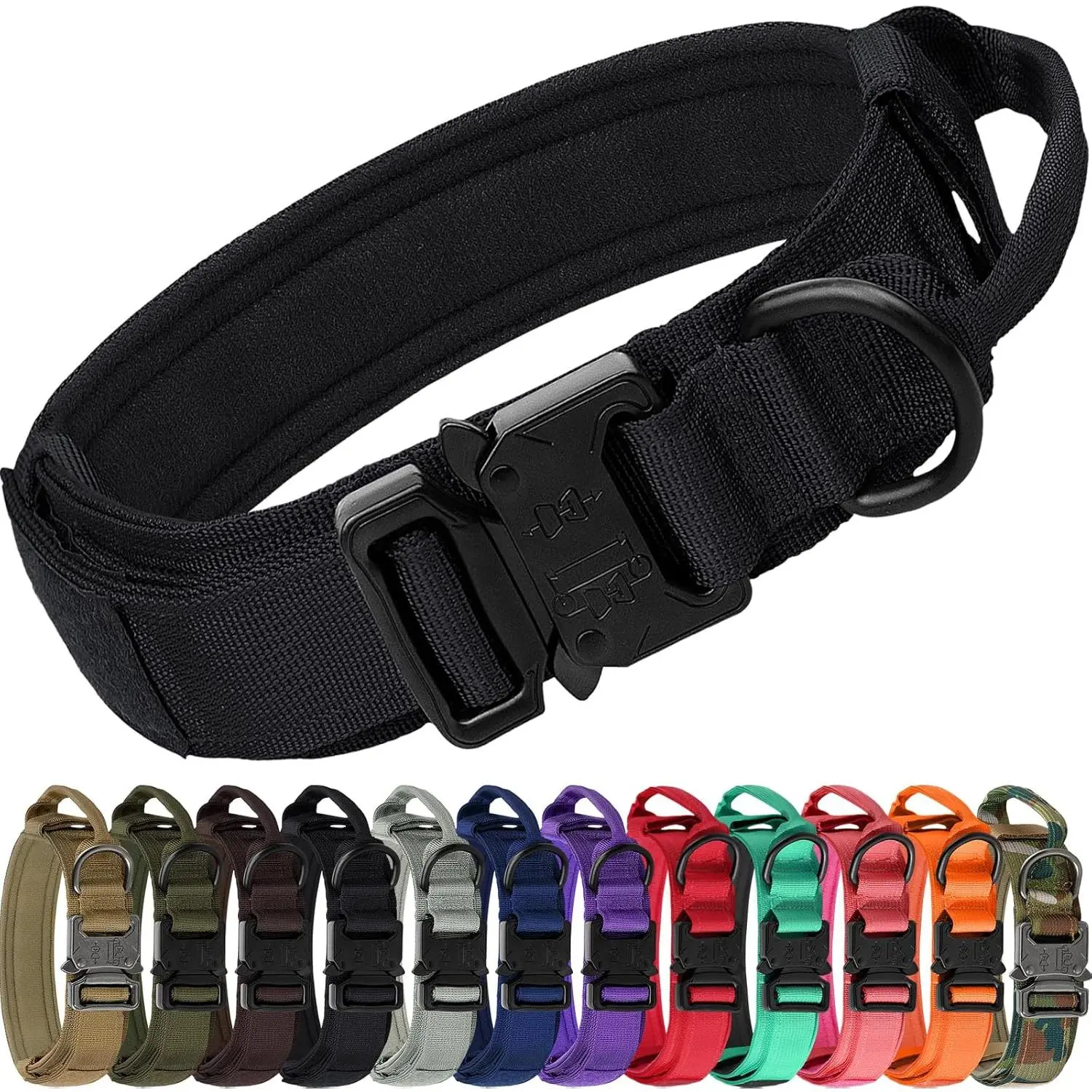 Tactical Dog Collar with Handle and Metal Buckle, Heavy Duty Padded Military Collar with 2 Patches for Training, Adjustable for Large Dogs, Black, L