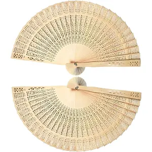 Foldable Hand Fan & Wooden Fans Handheld - 2-Pack Chinese Vintage Folding Fans with Sandalwood Scent, Hollow Carving for Wedding/Birthday Party Favors, Photography Props, Home Décor (Wooden)