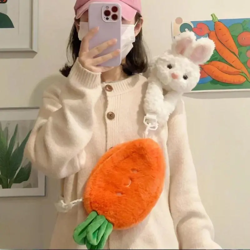 Rabbit Plush Toy Fluffy Carrot Shoulder Bag Cute Things Kawaii Cartoon Animal Plushie Doll Holiday All Match Bag Birthday Gift