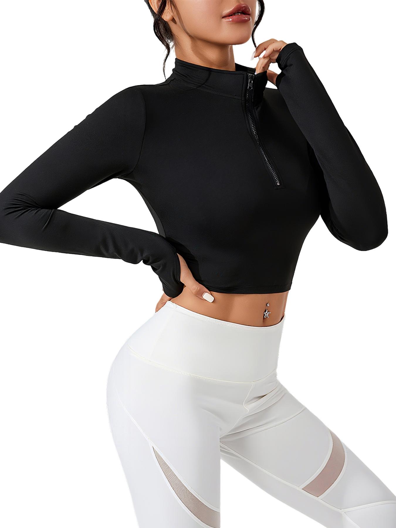 Women's Solid Thumb Hole Long Sleeve Crop Sports Tee, Casual Sporty Comfy Breathable Cropped Top for Yoga Gym Workout, Ladies Sportswear for All Seasons, Fitness Clothes Tops