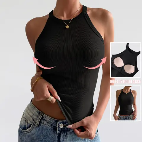 Women's Minimalist Ribbed Knit Bodycon Tank Top - Sleeveless, Built-in Bra, Slim Racerback Airflow, Cropped Waist-Baring, Crew Neck Collarbone-Framing, High-Stretch Rayon, Fitted Athletic Everyday Wear, Multiple Colors