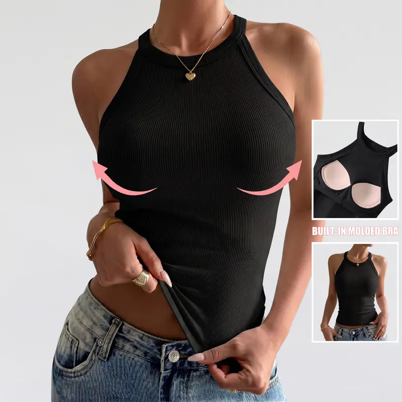 Women's Minimalist Ribbed Knit Bodycon Tank Top - Sleeveless, Built-in Bra, Slim Racerback Airflow, Cropped Waist-Baring, Crew Neck Collarbone-Framing, High-Stretch Rayon, Fitted Athletic Everyday Wear, Multiple Colors