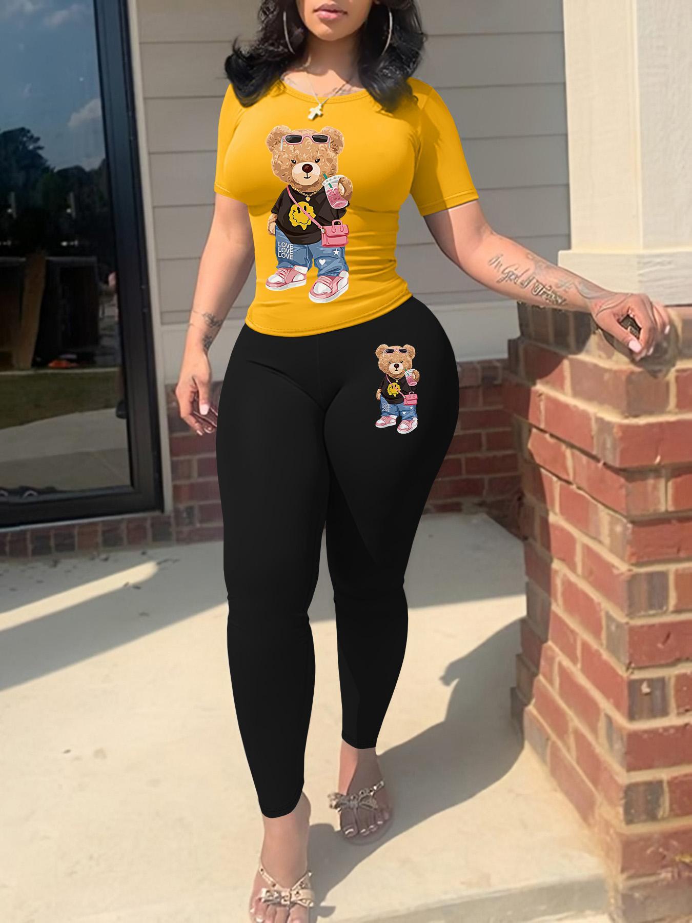 Two-piece Set Women's Cartoon Bear Print Short Sleeve Tee & Skinny Pants, Casual Round Neck T-shirt & Trousers for Spring & Fall, Ladies Clothes for Daily Wear