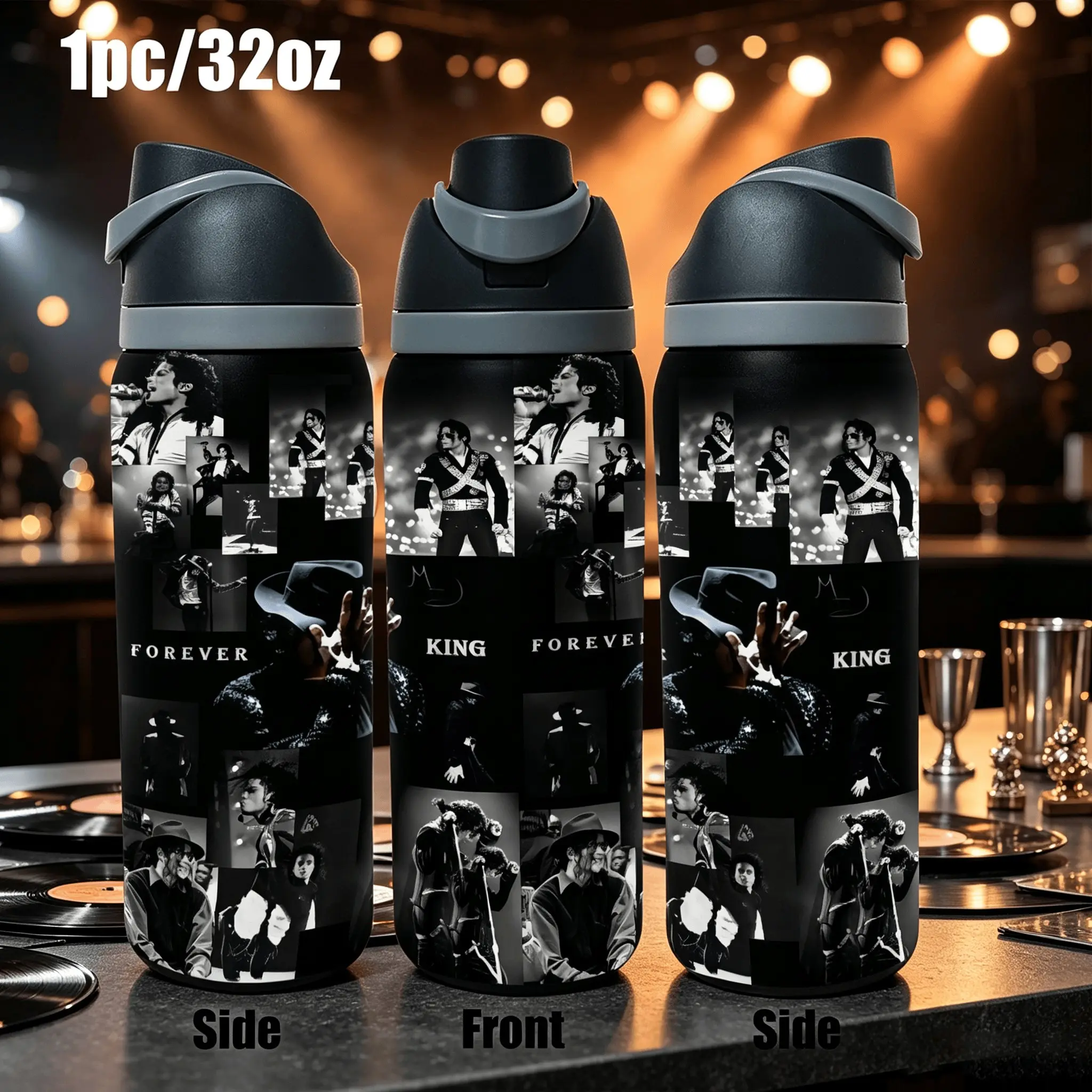 1pc 20/32oz Music Fan Themed Vacuum Insulated Water Bottle, MJ Retro Black White Photo Collage Design Sports Tumbler , Large-capacity water bottle with handle,Reusable Travel Cup For Camping Fitness