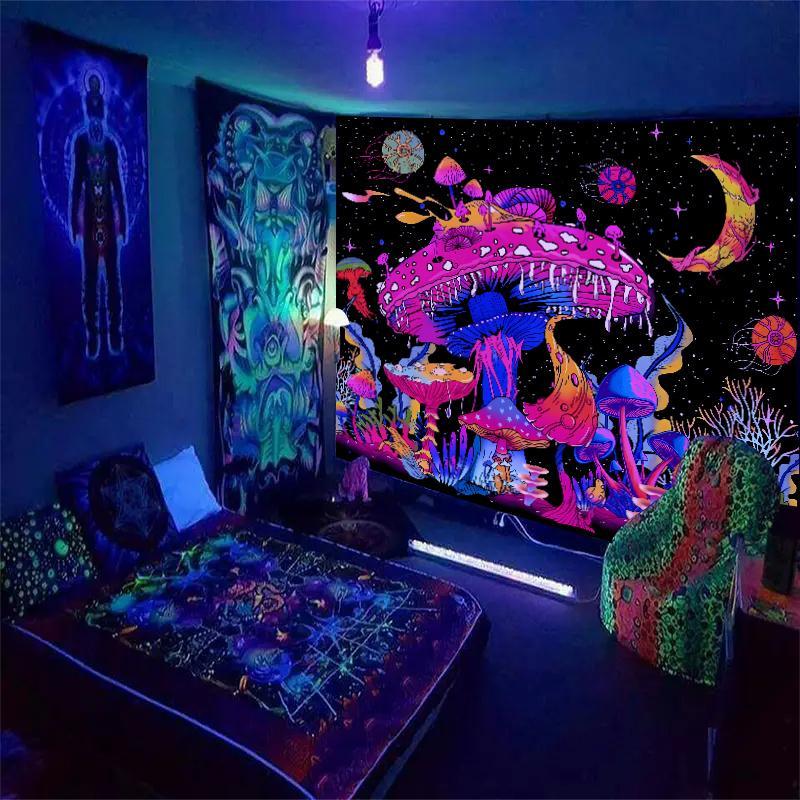 Fluorescent Mushroom Print Tapestry, Durable Decorative Tapestry, UV Black Light Home Decor Posters Tapestry, Glow In The Dark Wall Hanging for Living Room, Bedroom Accessories, Summer Gift