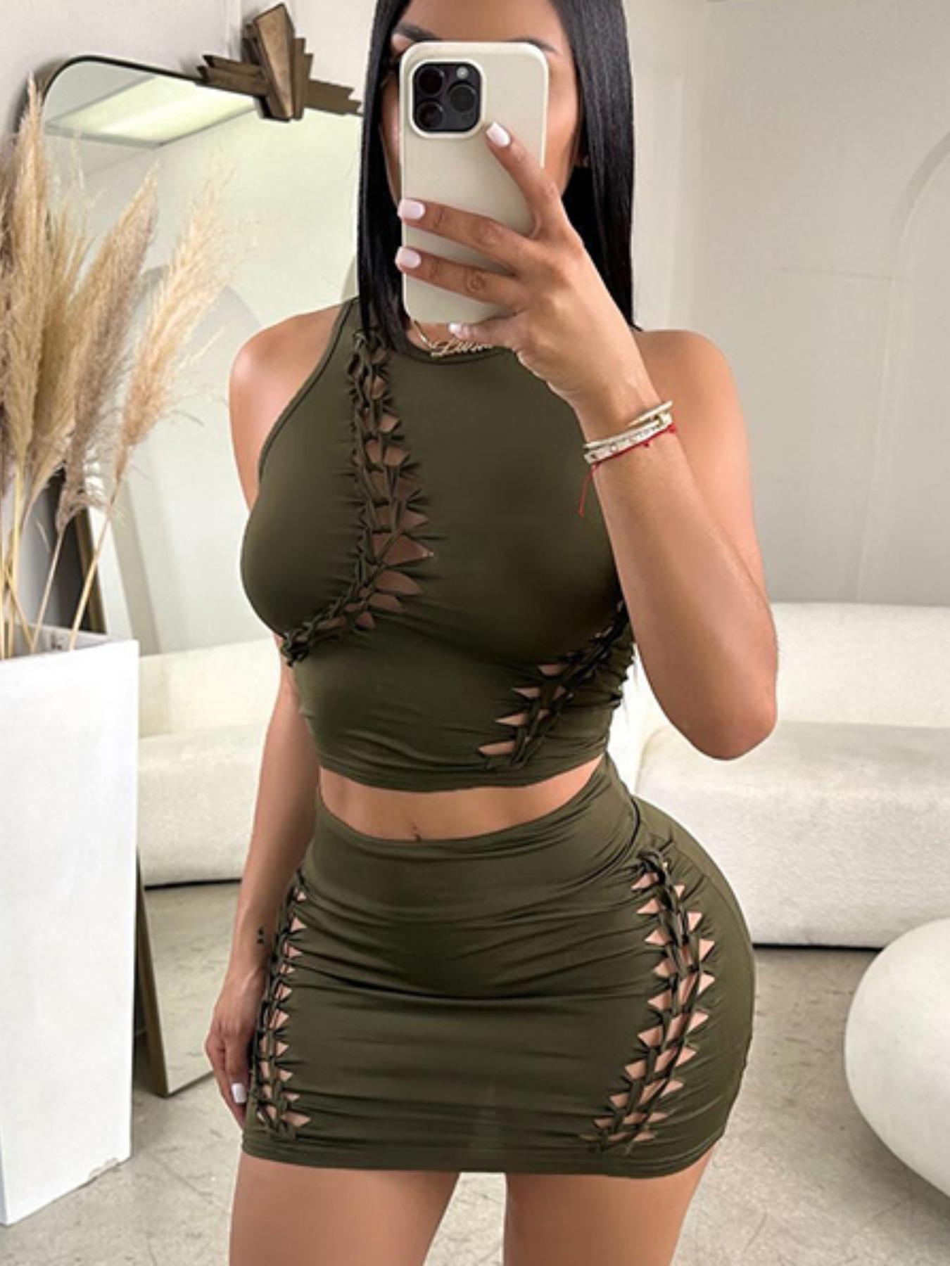 Women's Solid Hollow Out Crop Tank Top & High Waist Bodycon Skirt Set, Casual Fashion Cozy Round Neck Top & Skirt for Daily Outdoor Wear, Women's Clothing for Summer