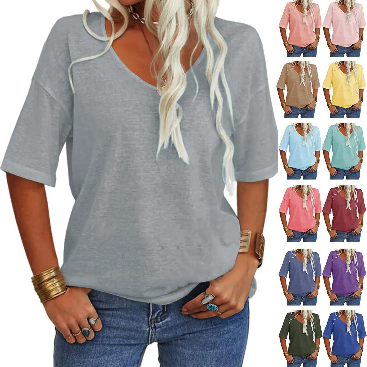 Imily Bela Women's Soft V Neck Tshirt Half Sleeve Lightweight Top  Casual Comfortable Simple Womenswear shirts