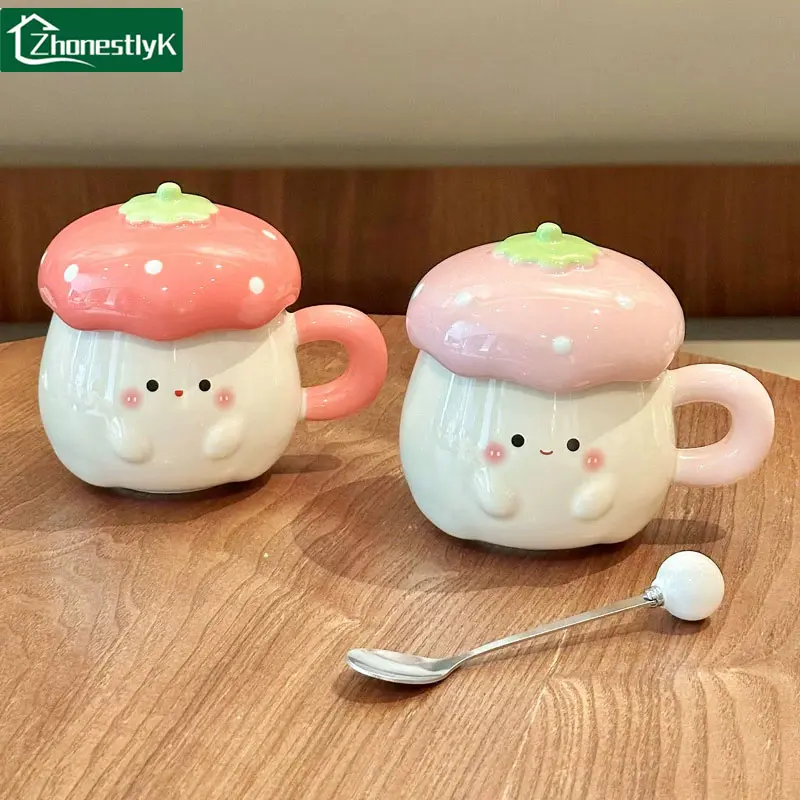 Creative Strawberry Ceramic Mug with Lid, Matching Mug for Couples, Beautiful Birthday Gift, Cute Water Cup for Girls