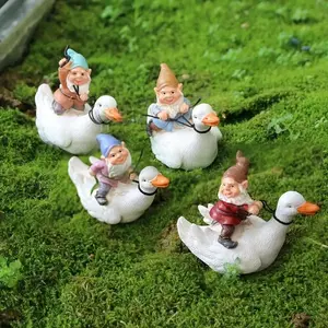 4 Pcs Duck Riding Dwarf Set, Fairy Garden Accessories, Miniature Garden Dwarfs, Decorative Statues for Fairy Gardens, Ponds, Planters, Courtyards