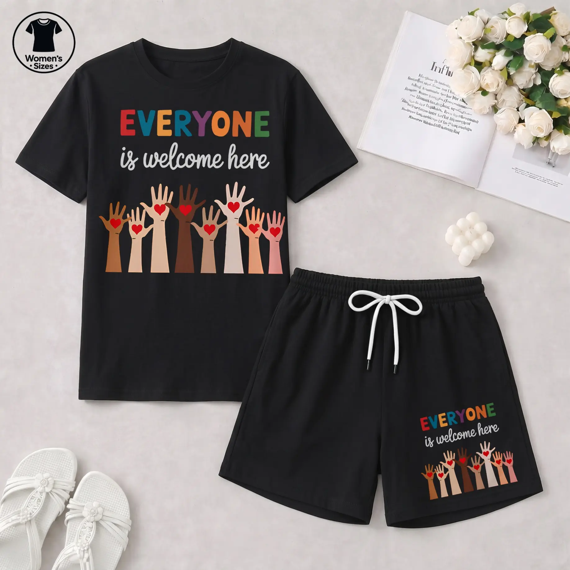Women’s “Everyone Is Welcome Here” Graphic T-Shirt & Drawstring Shorts Set, Inspirational Casual Two-Piece Outfit for Summer, Travel, Vacation and Everyday Wear
