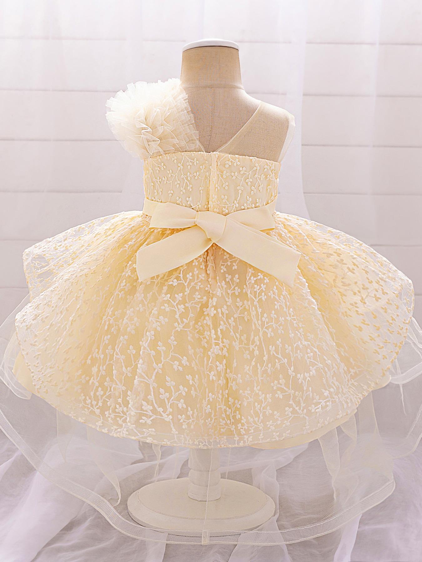 Baby Girl's Floral Print Mesh Ruffle Trim Dress, Elegant Cute Flower Decor Sleeveless Dress for Party Wedding Guest, Infant Toddler Kids Clothes for All Seasons