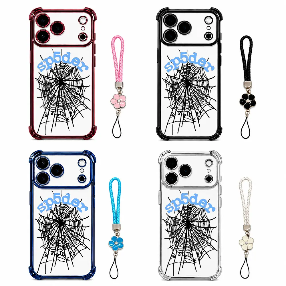 Spider Web Phone Case with Wrist Strap for iPhone & Samsung Galaxy, Y2K Gothic Aesthetic Clear Cover, Grunge Streetwear Shockproof TPU Protective Case