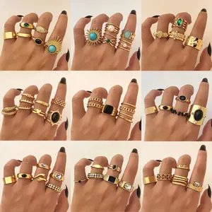 2026 Bulk Vintage Gold Rings Set for Women Y2K Boho Turquoise Black Stone Finger Ring Pack Stackable Jewelry Gift Summer Vacation Wholesale Mix