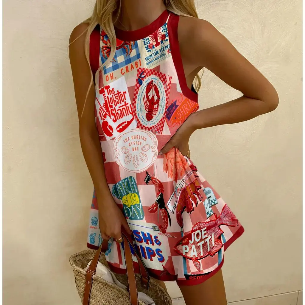 Casual Mini Dress Collection Stylish Print Sleeveless Dress, Sea World Patternied Resort,Long Dog, Red Polka-Dot Fish Design Women Summer Beach Vacation Wear Outfit Dress,