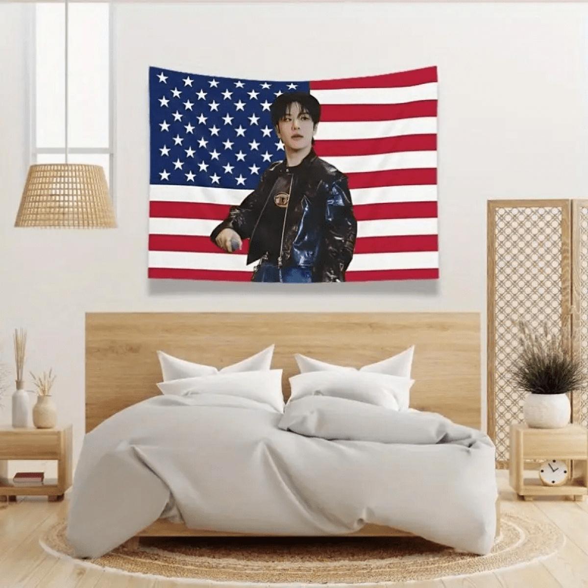 1 piece of stray seungmin banner - SKZ banner featuring the flag of Song Min, a Kpop star, with an American flag tapestry as a creative gift. funny room tapestry durable man