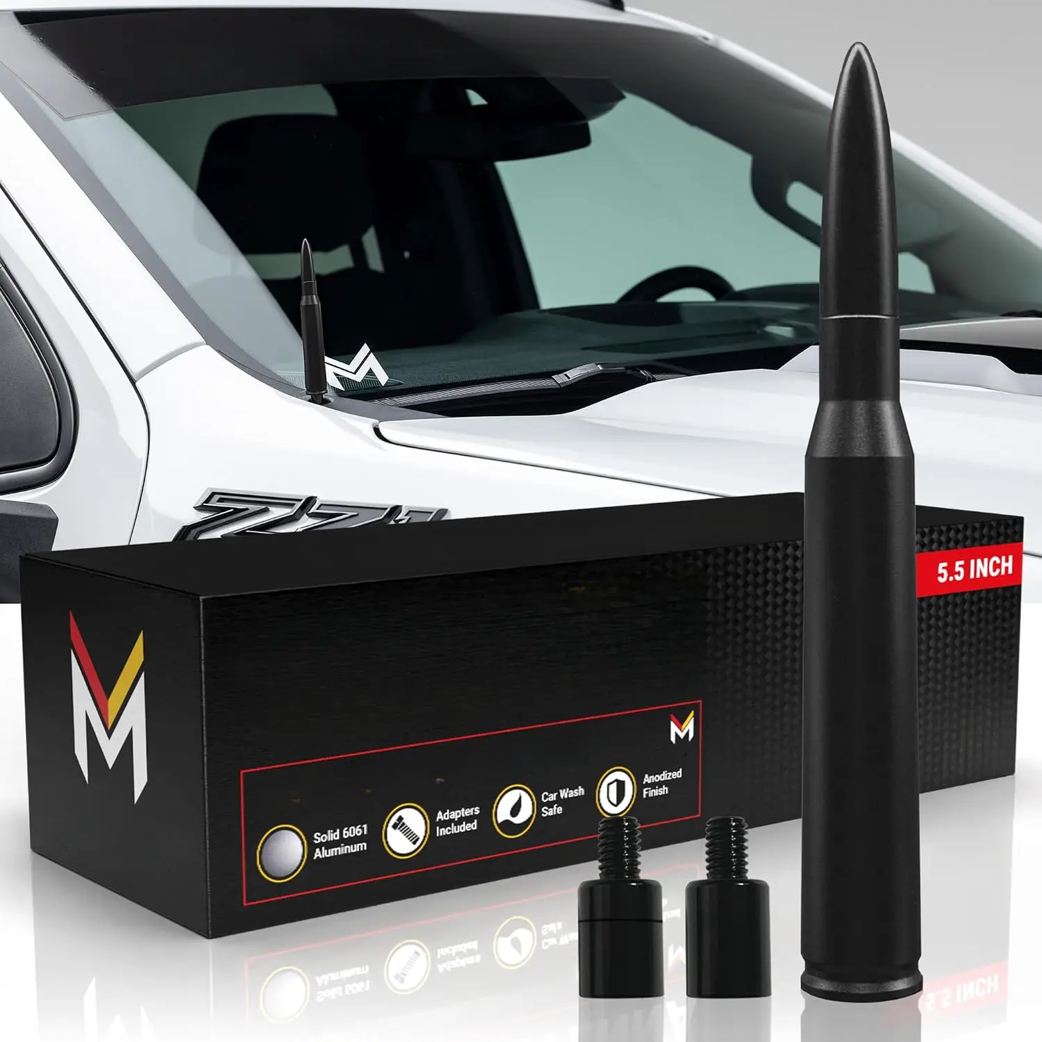 50 Cal Bullet Antenna for Chevy Silverado GMC Sierra 1500 2500 Truck, Black| Anodized Billet Aluminum, UV & Chip-Resistant, Car Wash Safe, Short Replacement, 1500 2500HD Accessories (Year 1999-2026)