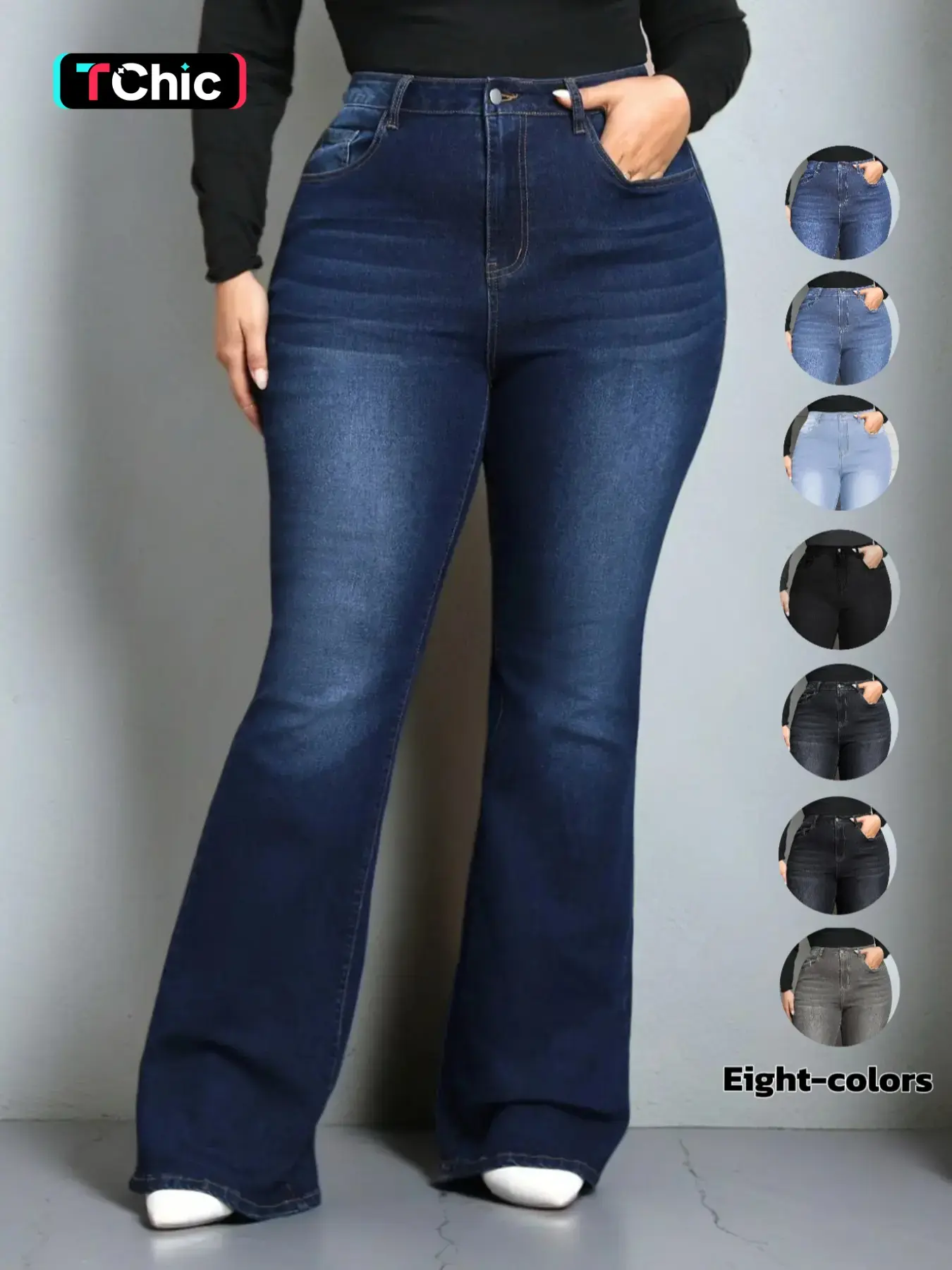 【Plus Size】 Plain Pocket Button Flare Leg Jeans, Casual Comfy Bell Bottom Denim Pants for Daily Wear, Women's Plus Clothing for All Seasons