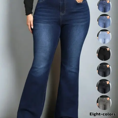 【Plus Size】 Plain Pocket Button Flare Leg Jeans, Casual Comfy Soft Bell Bottom Denim Pants for Daily Wear, Women's Plus Clothing for All Seasons