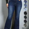 【Plus Size】 Plain Pocket Button Flare Leg Jeans, Casual Comfy Soft Bell Bottom Denim Pants for Daily Wear, Women's Plus Clothing for All Seasons