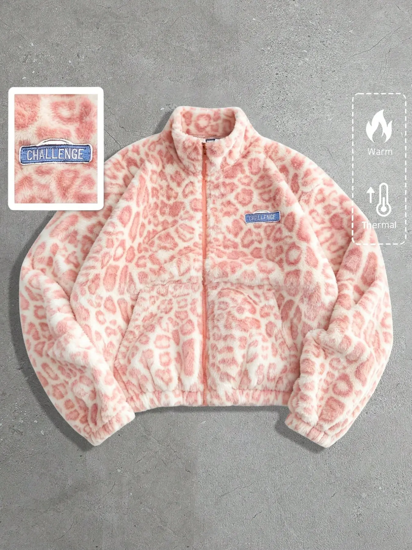 Pink leopard print fleece zip-up jacket, soft and fluffy high-neck street style jacket, made of soft and comfortable fabric, perfect for daily commuting, winter street shots, casual dates, and outdoor ice skating.
