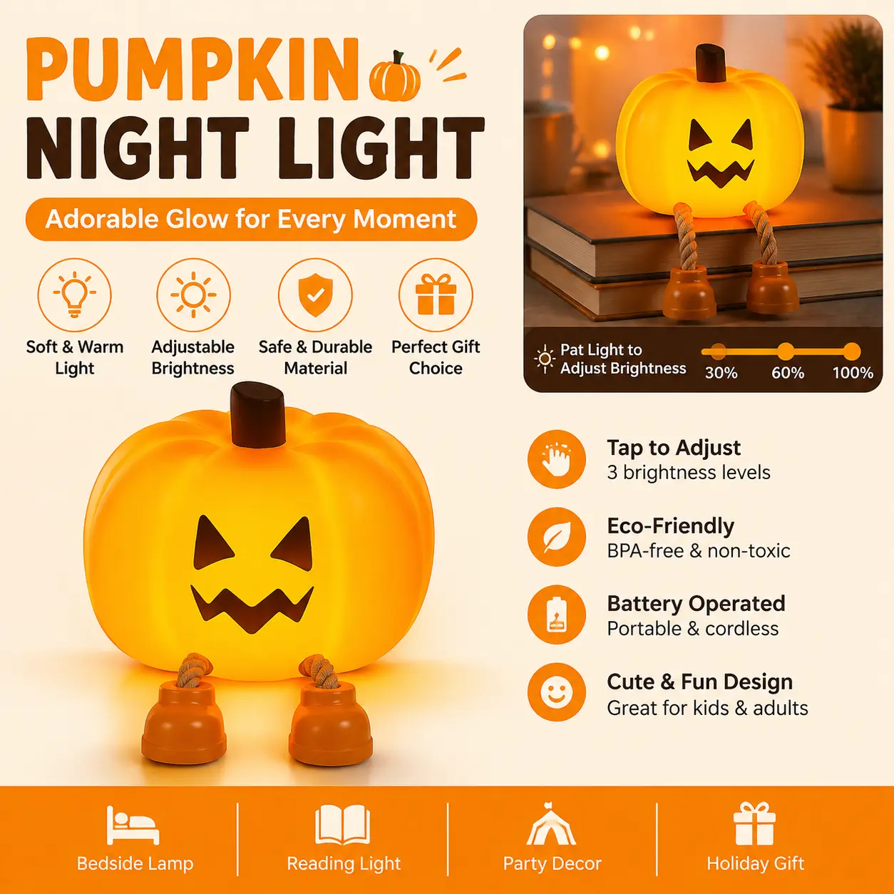 Night Light for Kids, Baby room pumpkin-shaped lamp,Mini LED Pumpkin Lamp with 3 Level Dimmable, Nursery Nightlight for Kids, Silicone Rechargeable Bedside Touch Lamp, EasterEggLight clearance items BackToSchool-YY0