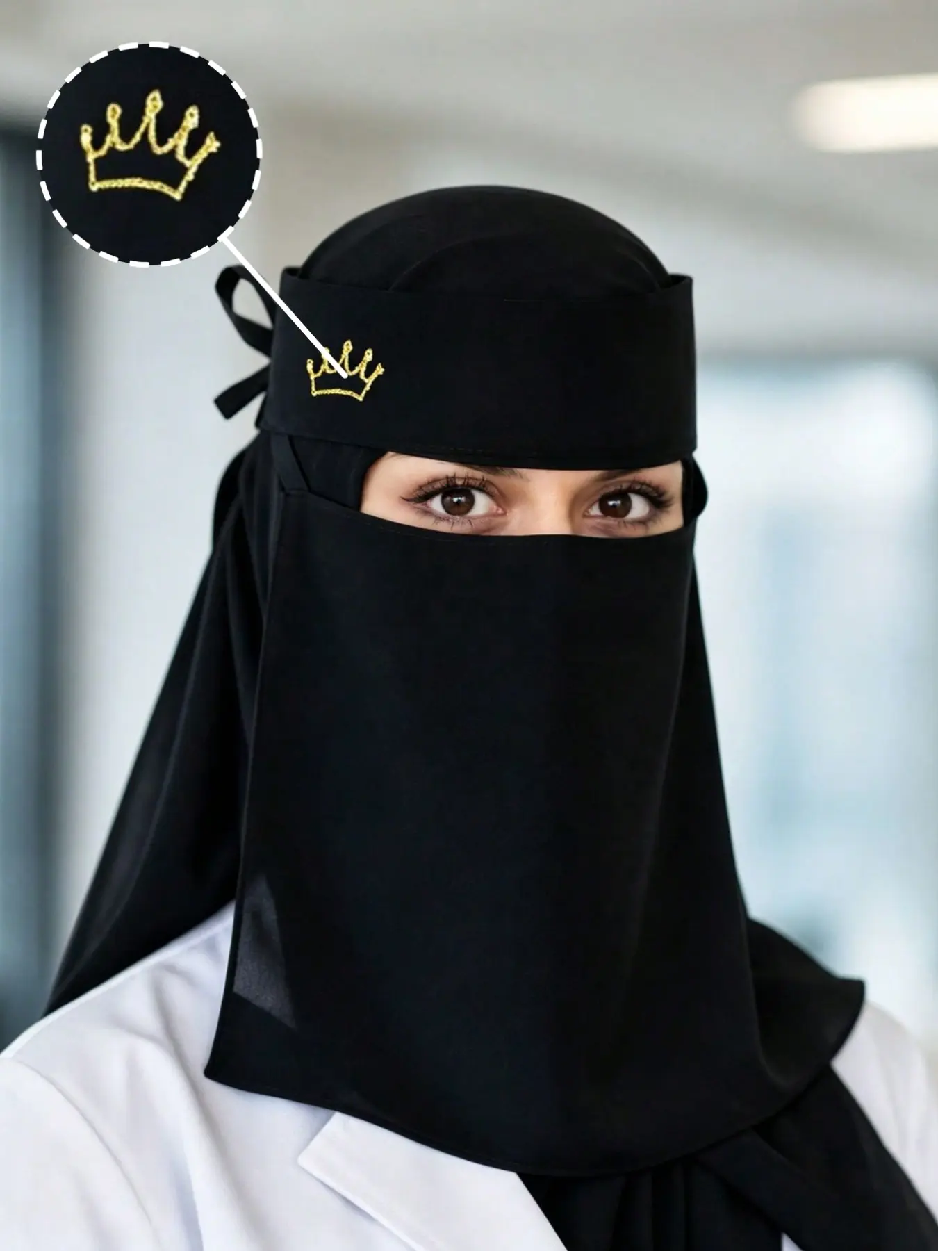 1 Piece Solid Color Gold-Stamped Crown Veil, Lightweight and Breathable Composite Yarn Face Cover, Face-Covering Niqab, Suitable for Daily Wear, Outdoor Trips and Matching with Abayas, Fashion Accessory