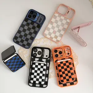 Black Transparent Checkerboard MagSafe Shockproof Phone Case with Camera Foldable Stand & Card Holder Magnetic Anti-Scratch Cover Compatible for iPhone 17 Pro Max/16/15 & Samsung Galaxy Series Models