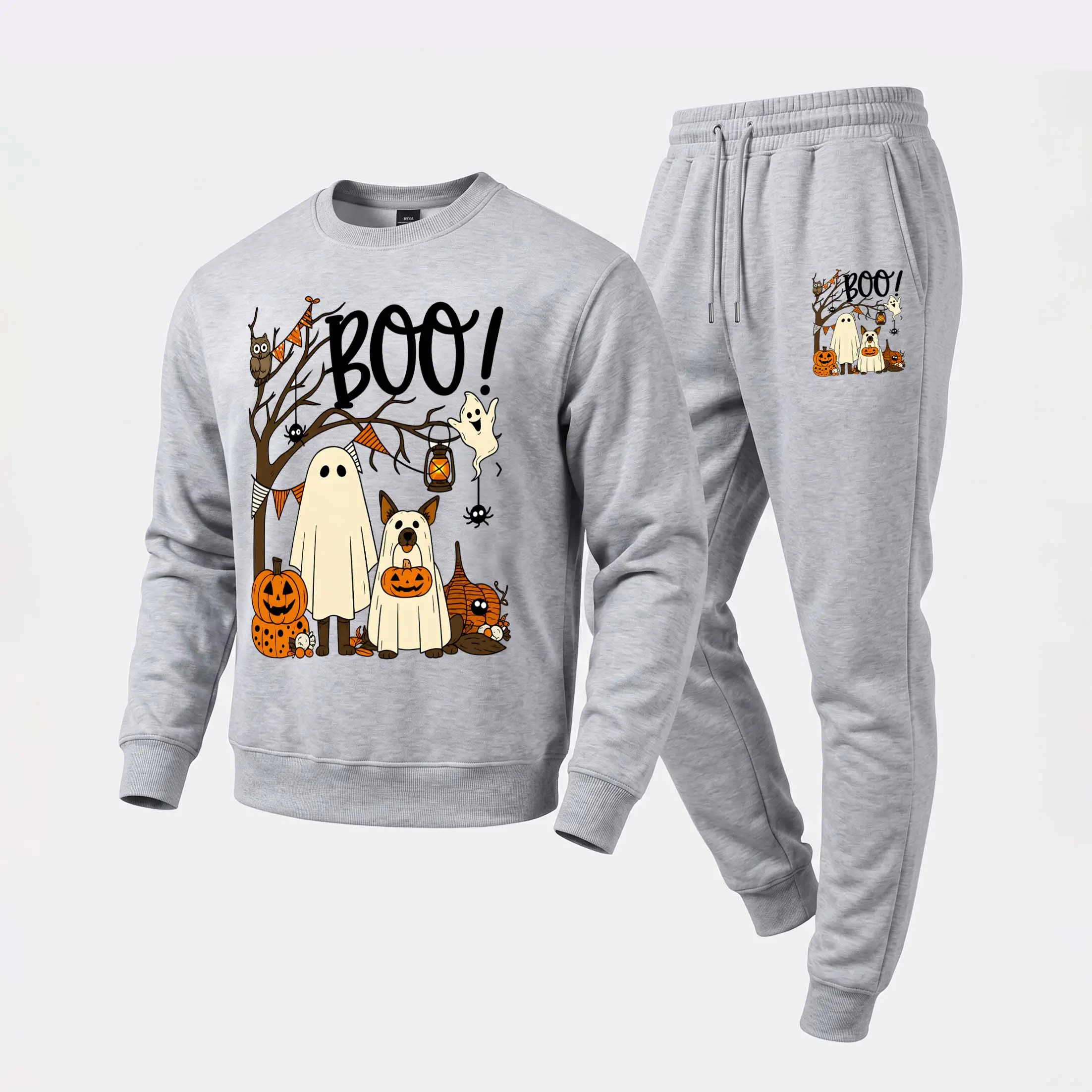 Men's Ghost And Puppy Patterns Halloween Graphic Crewneck Sweatshirt and Jogger Pants Set, Casual Long Sleeve Pullover with Drawstring Sweatpants, Fall Winter Tracksuit for Daily Wear, Travel, Lounge, Workout and Indoor Outdoor Activities