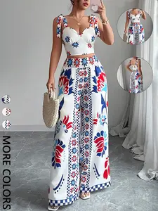 Elegant Boho Style Women's Two-Piece Set Outfit, Butterfly Halter Top & Wide-Leg Printed Pants, Summer Festival Party, Casual Chic