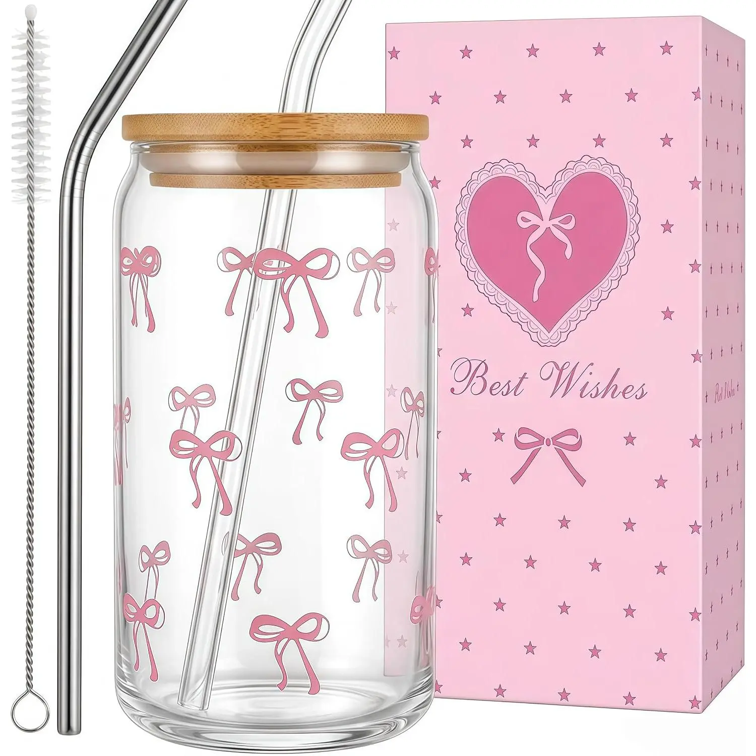 Cute  Bow Glass Cups with  and Straws, 2.8mm Thick Aesthetic Iced Coffee Cup Tumbler, Girly Preppy Design, Valentines Christmas Birthday Gifts for Teen Girls Women Trendy Stuff