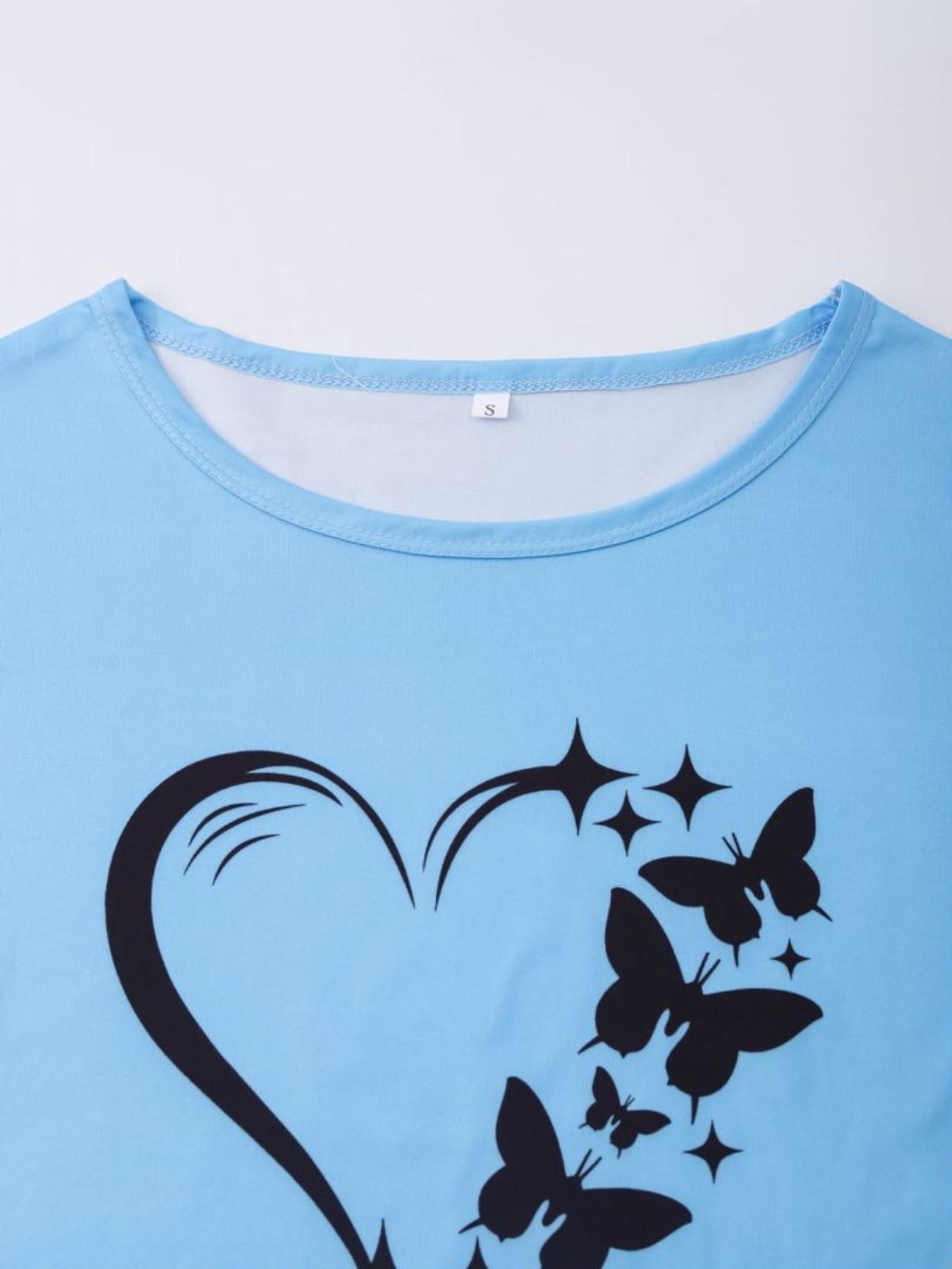 Women's Butterfly & Heart Print Tee & Elastic Waist Pants Pyjama Set, Casual Comfy Round Neck Short Sleeve T-shirt & Trousers PJ Set, Ladies Sleepwear for All Seasons, Sweetheart Pajama Set