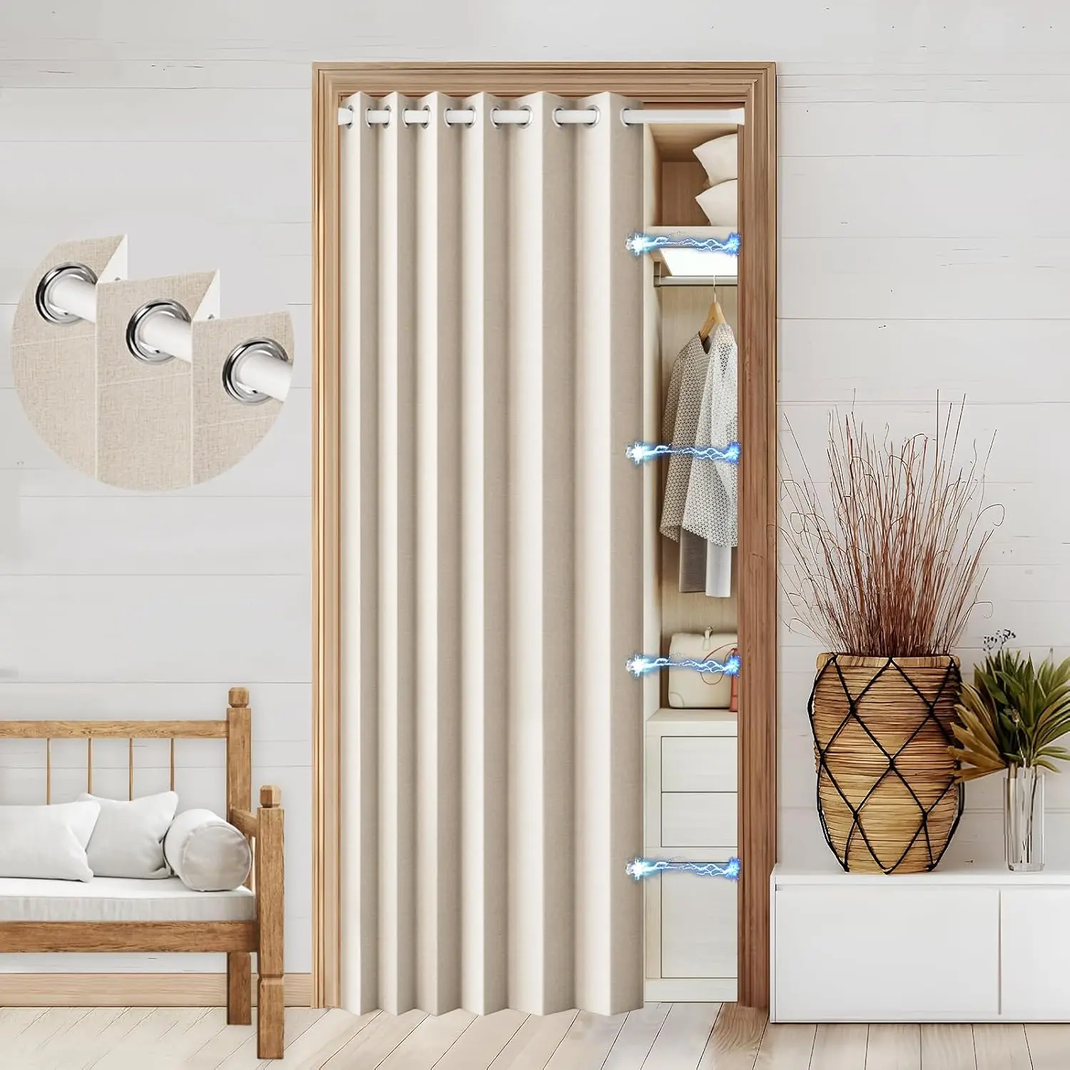 100% Blackout Faux Doorway Accordion Style Doors for Doorway Door, 80 Inch Room Divider Curtains for Cover, 1 Panel, W45 x L80, Sand