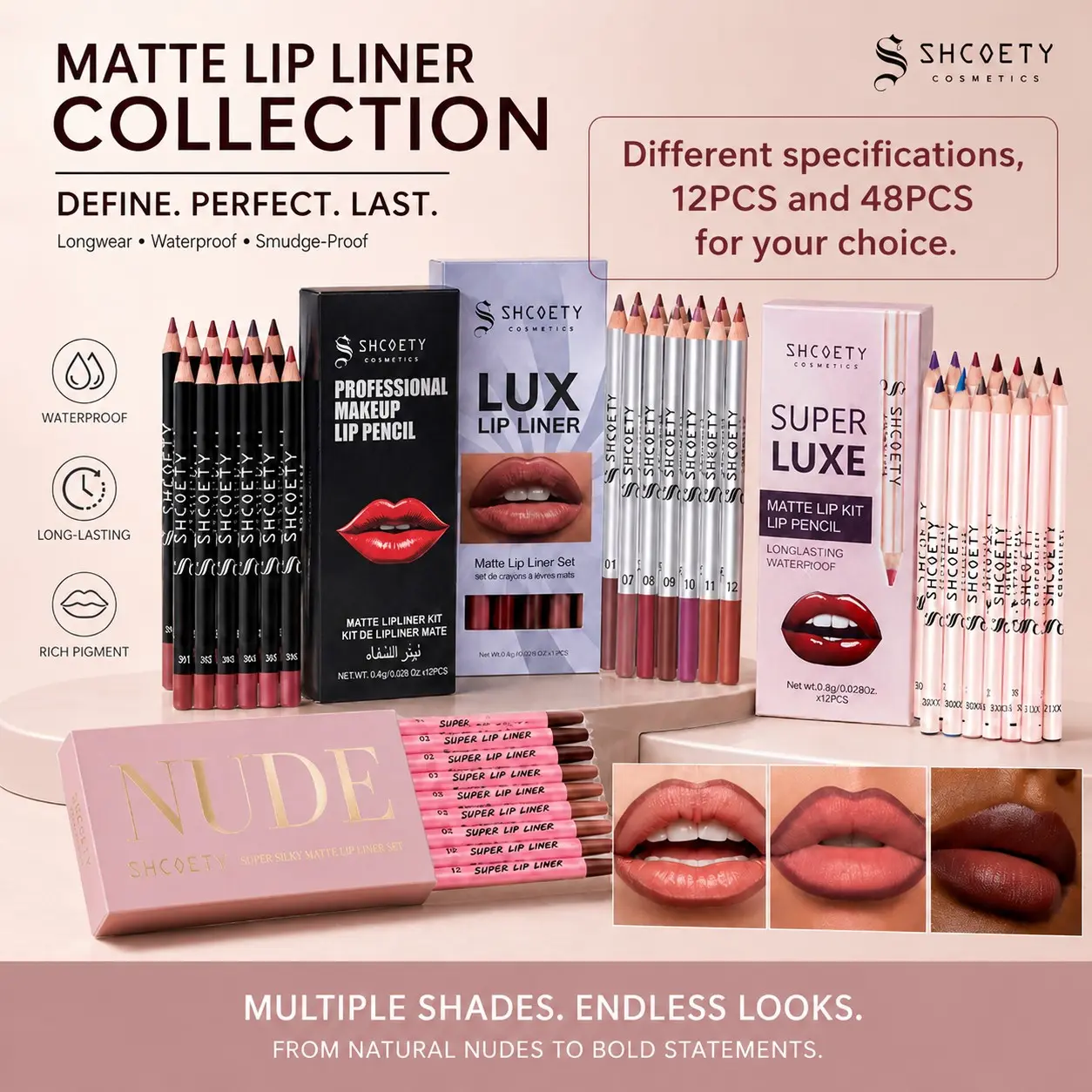 48 Colors Nude Lip Liner Set Waterproof Creamy Matte Long Lasting Lip Pencil Neutral Brown Shades