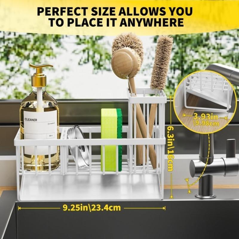 Sponge Holder for Kitchen Sink, Sink Caddy with High Brush Holder, Rustproof Sink Organizer, Soap Dispenser Storage Rack, Countertop Organizer, Dish Drying Organiser