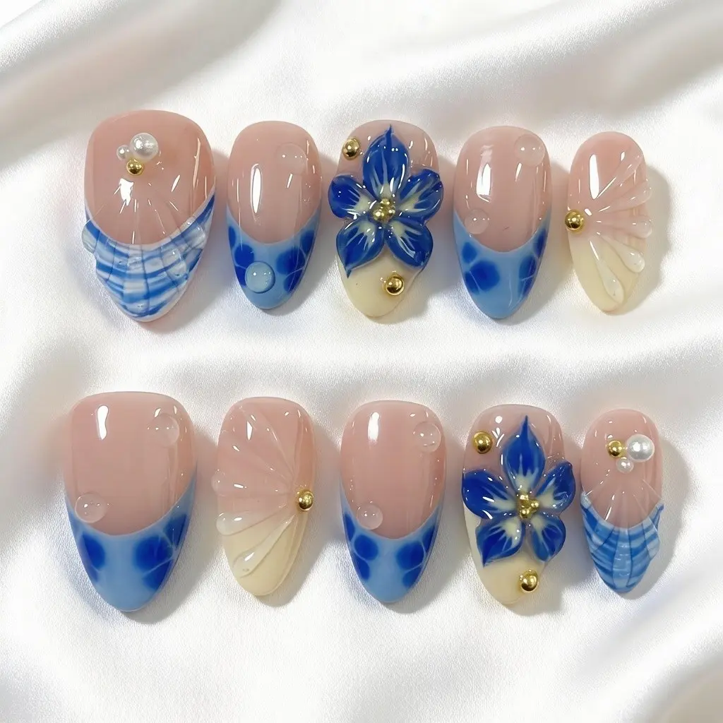 10pcs Almond Nails, Decorative Nails, Royal Blue Yellow Ombre Aura Press on Nails, 3D Handmade Floral Flowers with Pearl Drop French Design, Reusable Jelly Nails Set with Adhesive Tabs for Wedding Party Daily Wear, Y2K Aesthetic False Nails for Women
