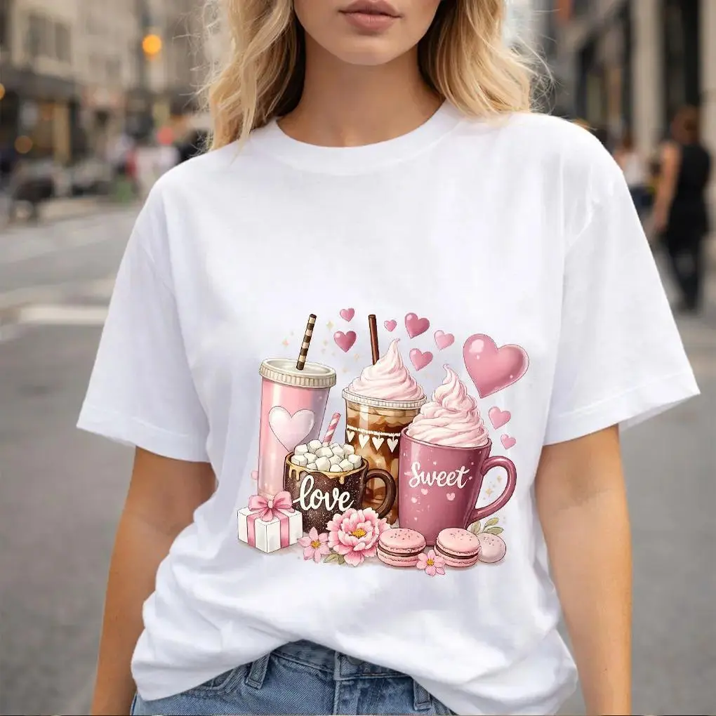 Lady's Coquette Graphic T-Shirt, Aesthetic Coffee & Macarons Print, Soft Round Neck Fashion Tee for the Beach, Tshirt, Women, Casual Wear, Soft Fabric