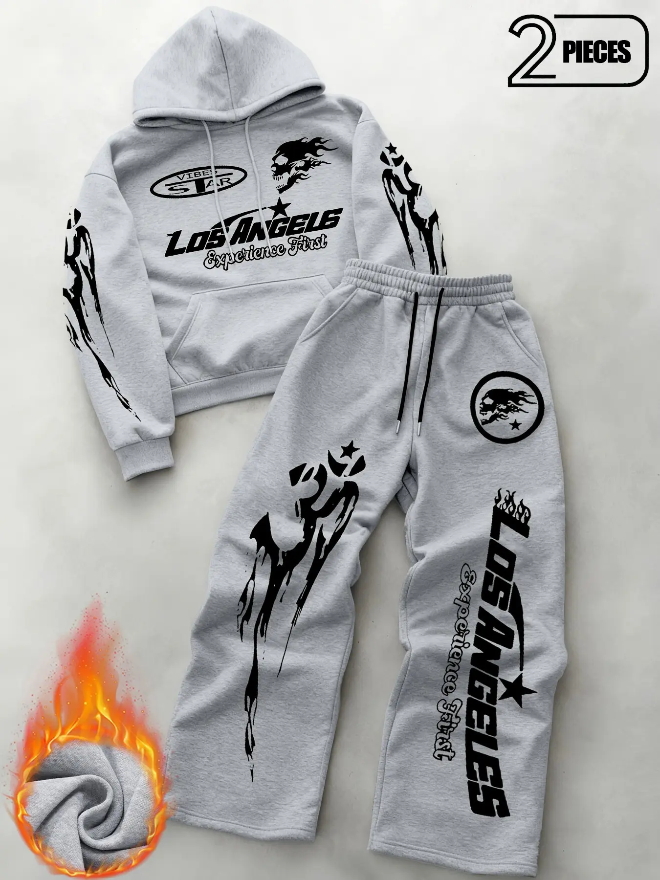 West Coast Skull Flame La Print Fleece Two-Piece Set, Hooded Kangaroo Pocket Sweatshirt with Wide Leg Pants, Thick Polar Fleece Fall Winter Warm